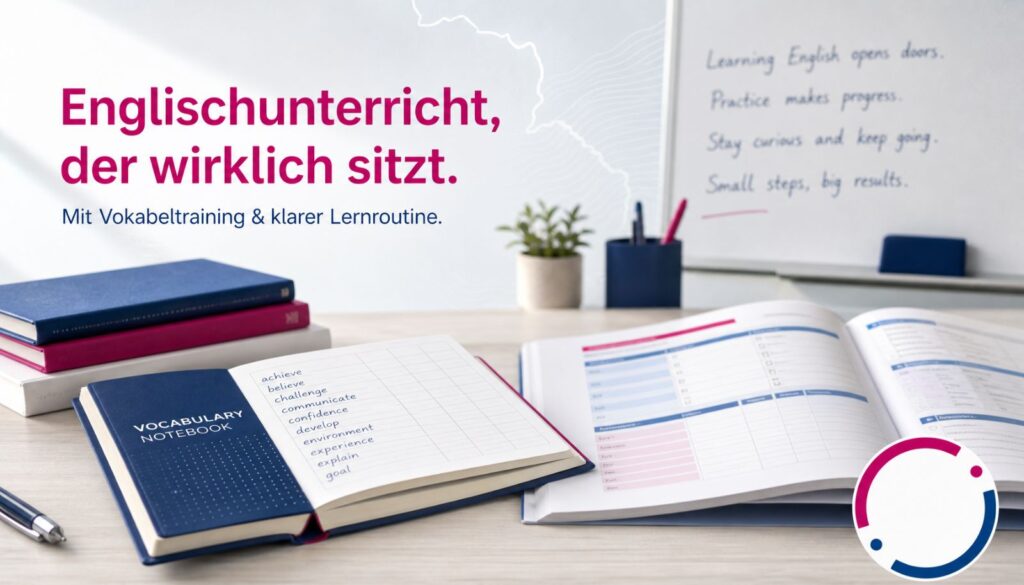 Schüler lernt Englisch mit Vokabelheft und englischen Büchern am Schreibtisch — kostenloser Einstiegstest beim Mini-Lernkreis Nachhilfe Oberschwaben, Biberach